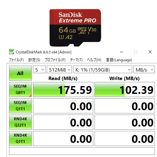 Sandisk A2 SDで170MB/s　リード　を実現